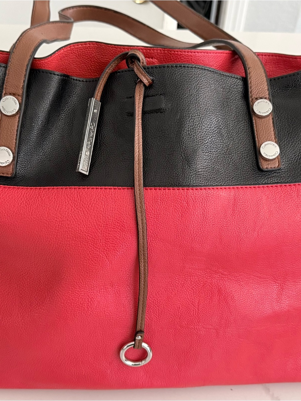 Calvin Klein Red and Black Leather Tote with Brown Handles